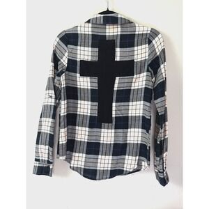 VTG Y2K Top XS Black White Plaid Blouse Mesh Cross Cutout Christian Jesus Shirt